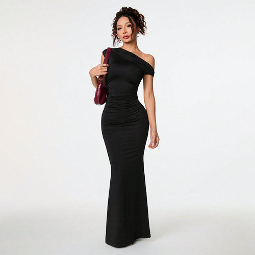 Black Off-Shoulder Oblique Collar Dress - front view